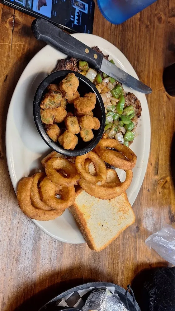 Steak with Onion Rings and Fried Okra